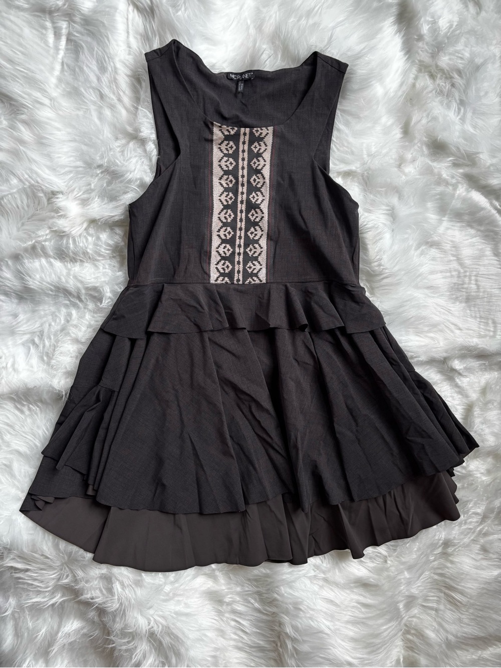 Sleeveless Black Tiered Dress with MCPLANET SIZE 6 Embroidered Front Panel